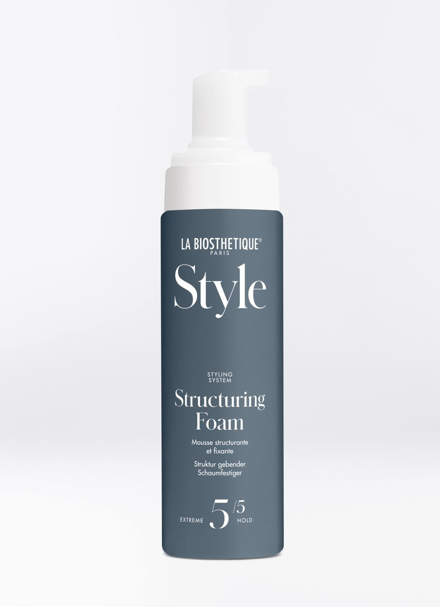 Structuring Foam to create Volume & Definition for All Hair Types. Product is La Biostethique