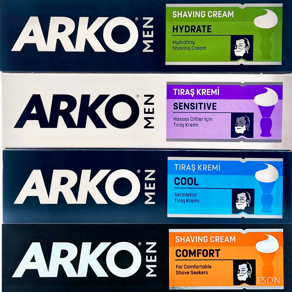 Four Arko Men shaving cream boxes in different formulas