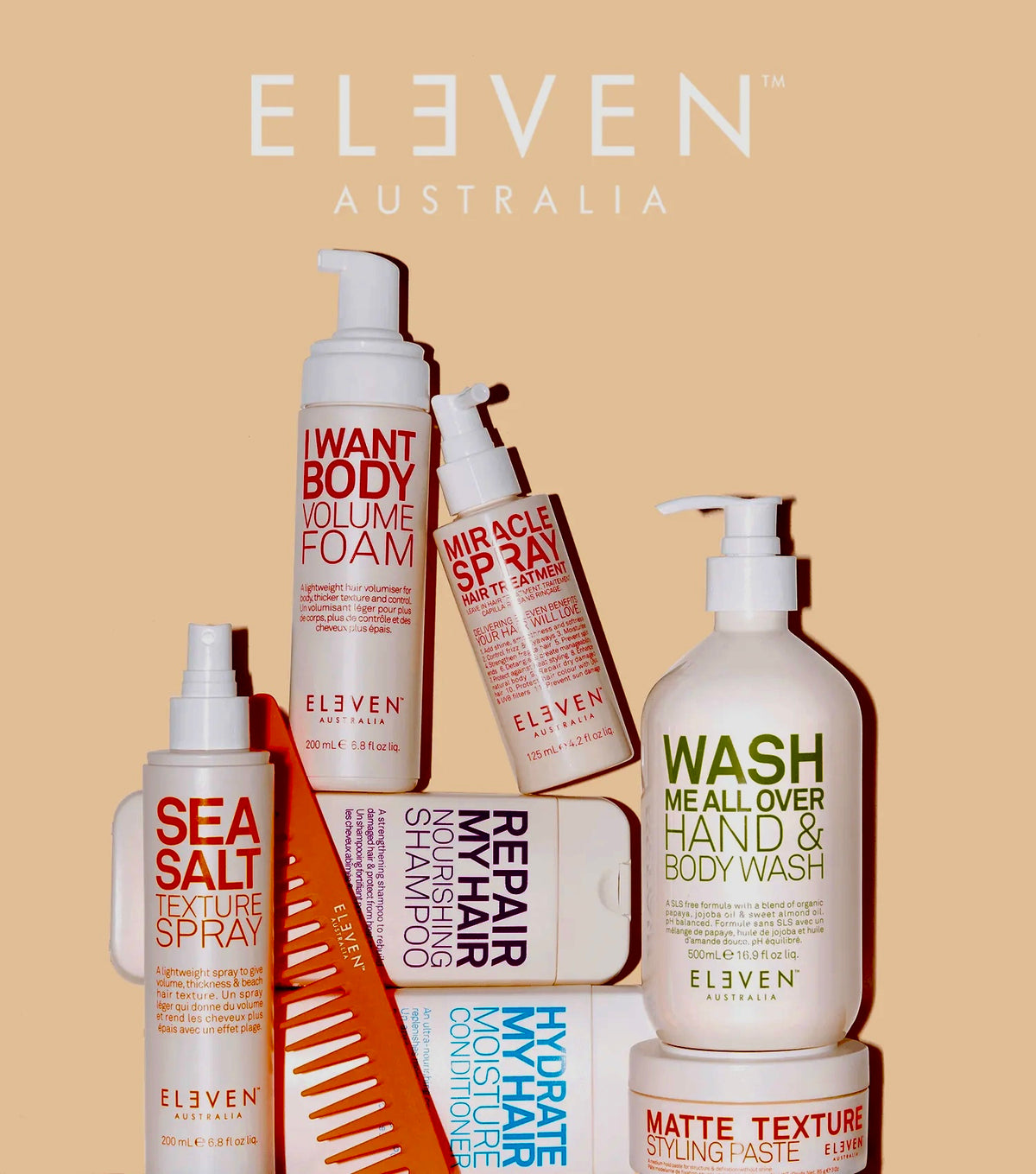 ELEVEN Australia hair and body products on a tan background