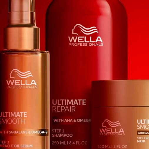 Wella Professionals Ultimate Repair products on a red background