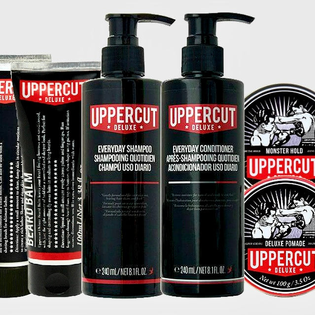 Uppercut Deluxe grooming lineup with shampoo, conditioner, beard balm and pomades