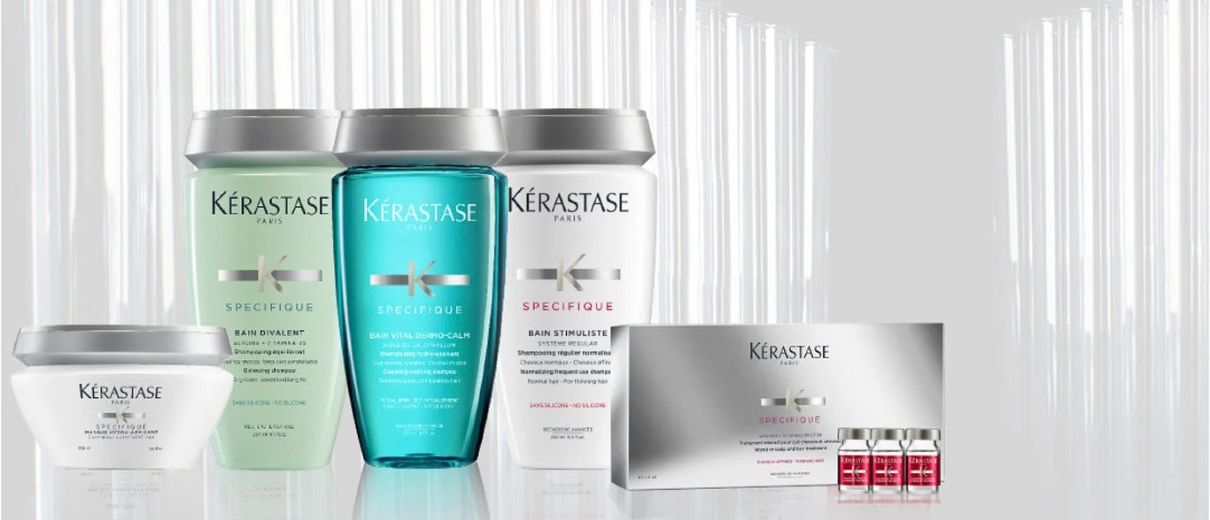 Kérastase Spécifique scalp care products — shop dandruff treatments, hair loss serums and scalp balancing shampoos for sensitive and problem scalps at Curious Salons Canada