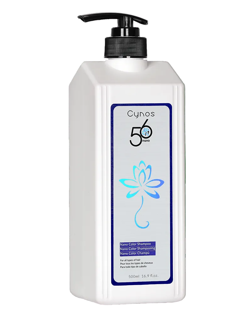 Cynos white haircare bottle with a blue floral label