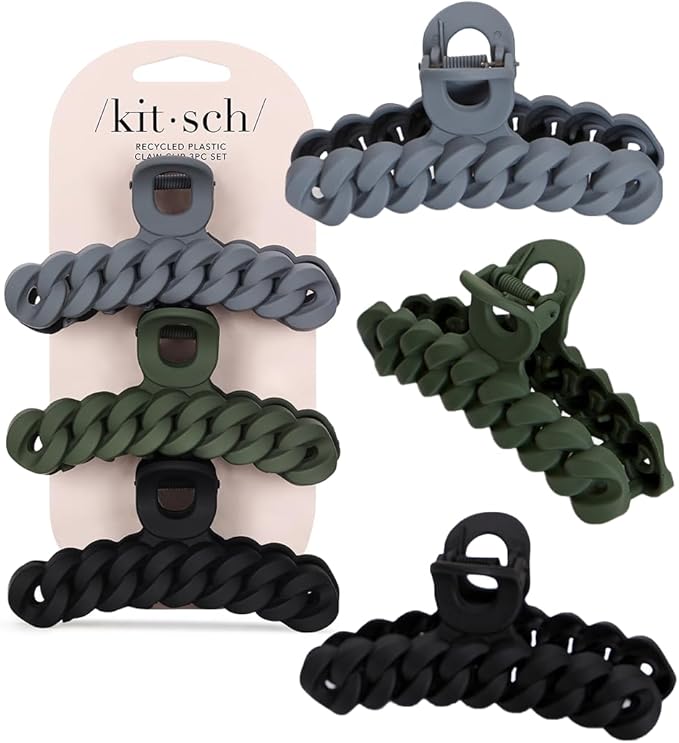 Kitsch Chain Claw Clips - Large Hair Clips for Women | Black/Moss | 3pcs