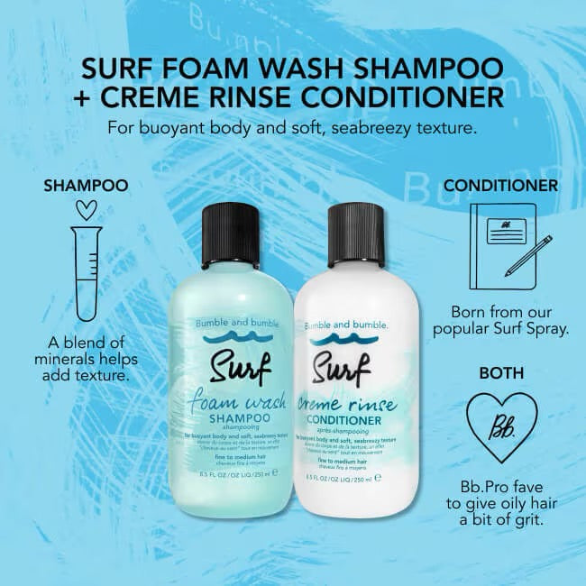 Bumble and bumble Surf Foam Wash Shampoo and Creme Rinse Conditioner bottles on a blue background with product details.