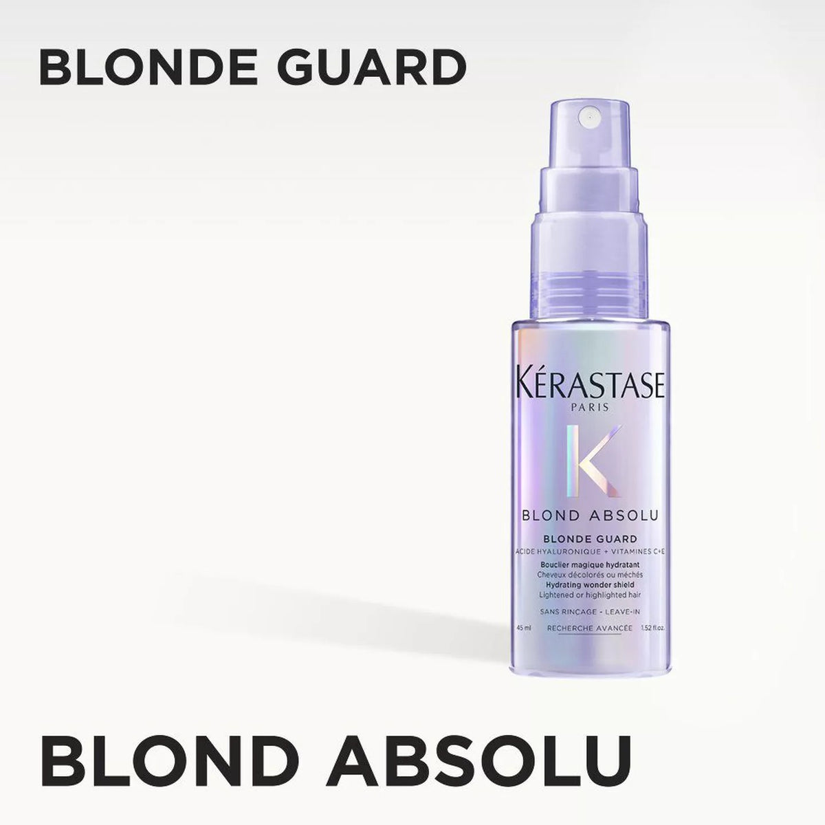 Kérastase Paris Blond Absolu Blonde Guard hair protectant in a translucent lavender spray bottle, shown against a light gray background with black text reading 'BLONDE GUARD' and 'BLOND ABSOLU'.