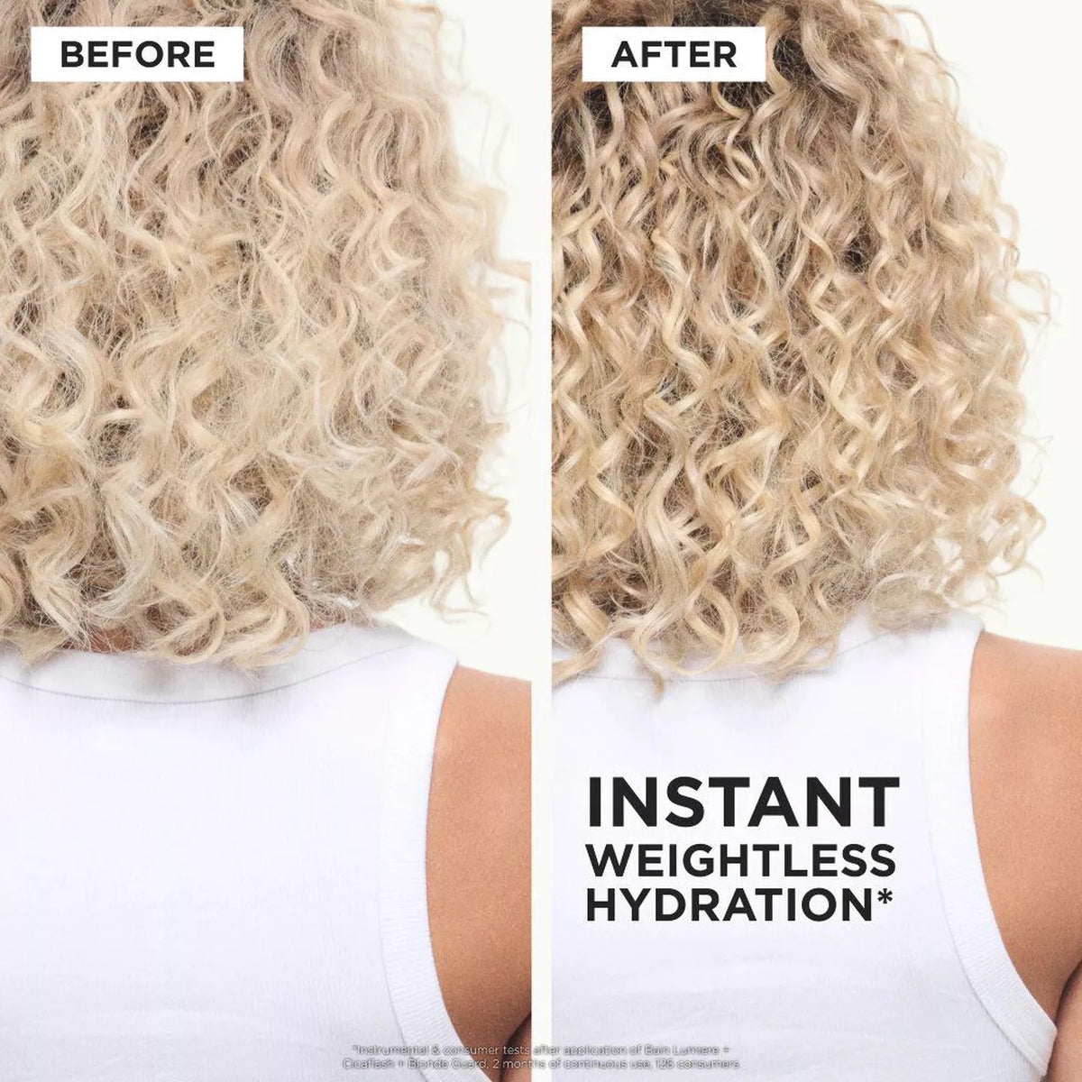 Before and after comparison of a person's curly blonde hair, shown from the back. The left side is labeled 'BEFORE' and appears dry or less hydrated, while the right side is labeled 'AFTER' and shows the hair looking smoother and more voluminous.