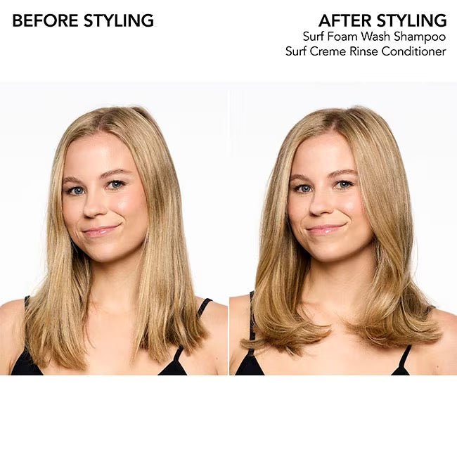 Before and after styling comparison of a woman's hair with text indicating product names.Bumble and bumble Surf Foam Wash Shampoo for fine hair volume and beachy texture in Canada