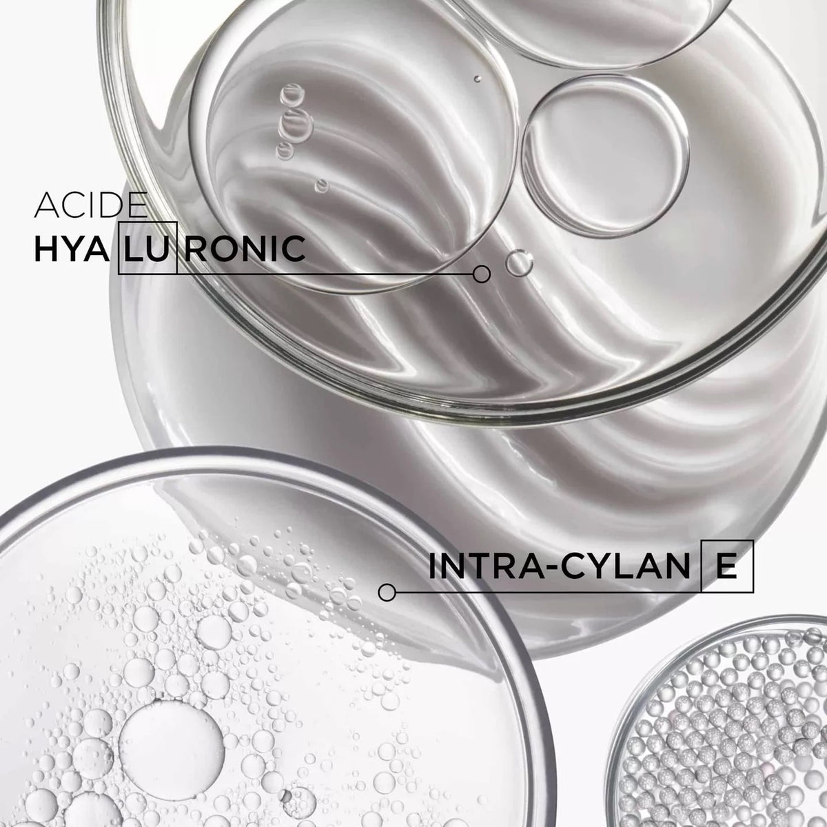 Close-up of hyaluronic acid and intra-cylane with text on a white background