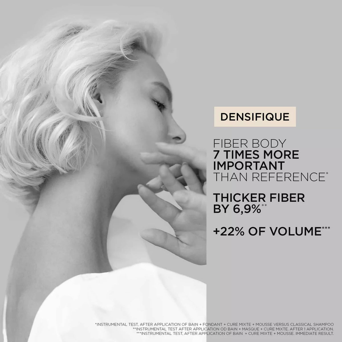 Advertisement for Densifique hair product with a woman's face and text about fiber body and volume.