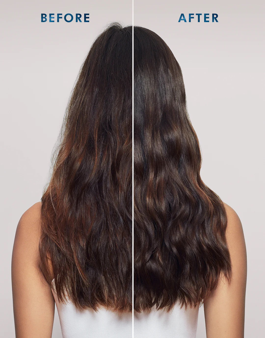 Before and after comparison of hair with a neutral background that uses Moroccanoil Smoothing Lotion frizz control styling cream Canada