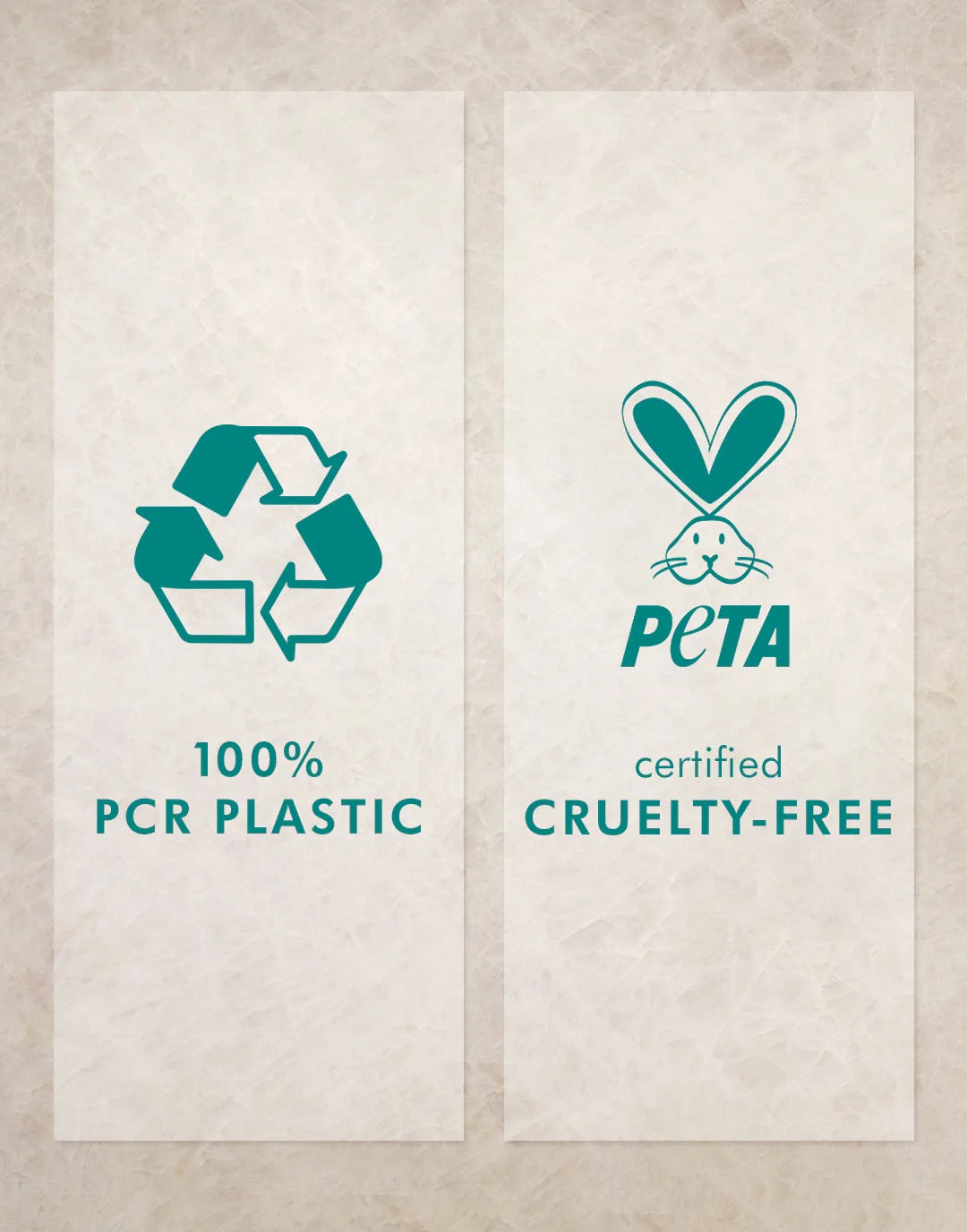 Two certification logos on a textured beige background: one for 100% PCR plastic and the other for PETA cruelty-free certification.