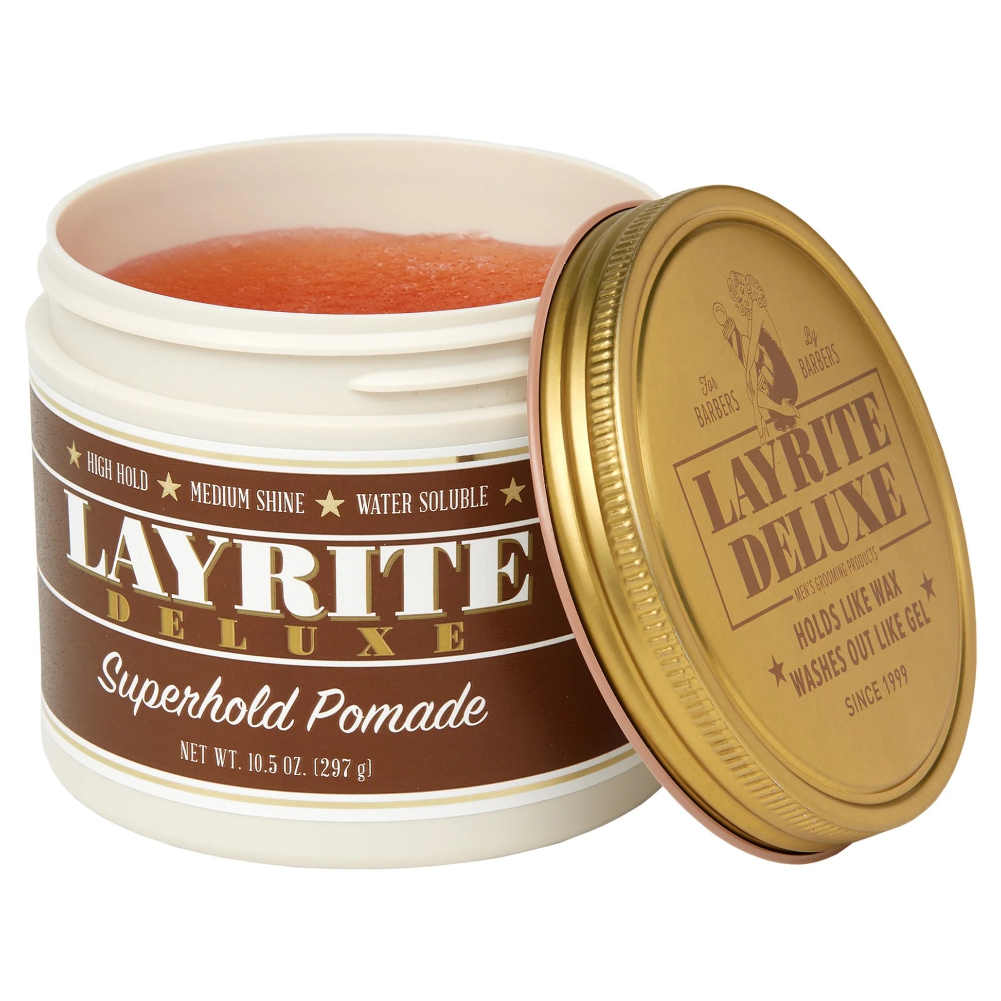 Open jar of Layrite Deluxe Superhold Pomade with gold lid on a white background Curious Salons Canada