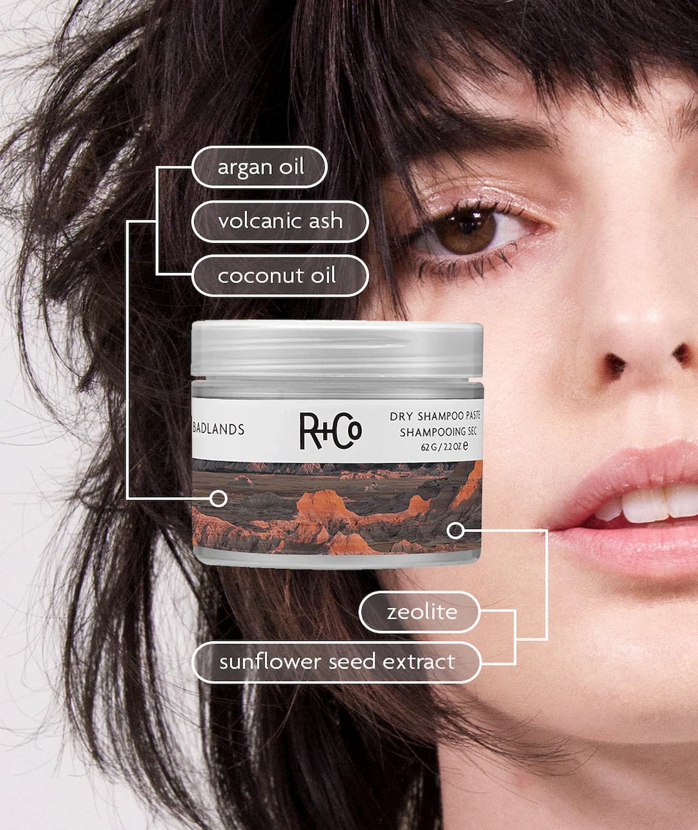 R+Co dry shampoo paste with ingredients listed and a close-up of a person's face.