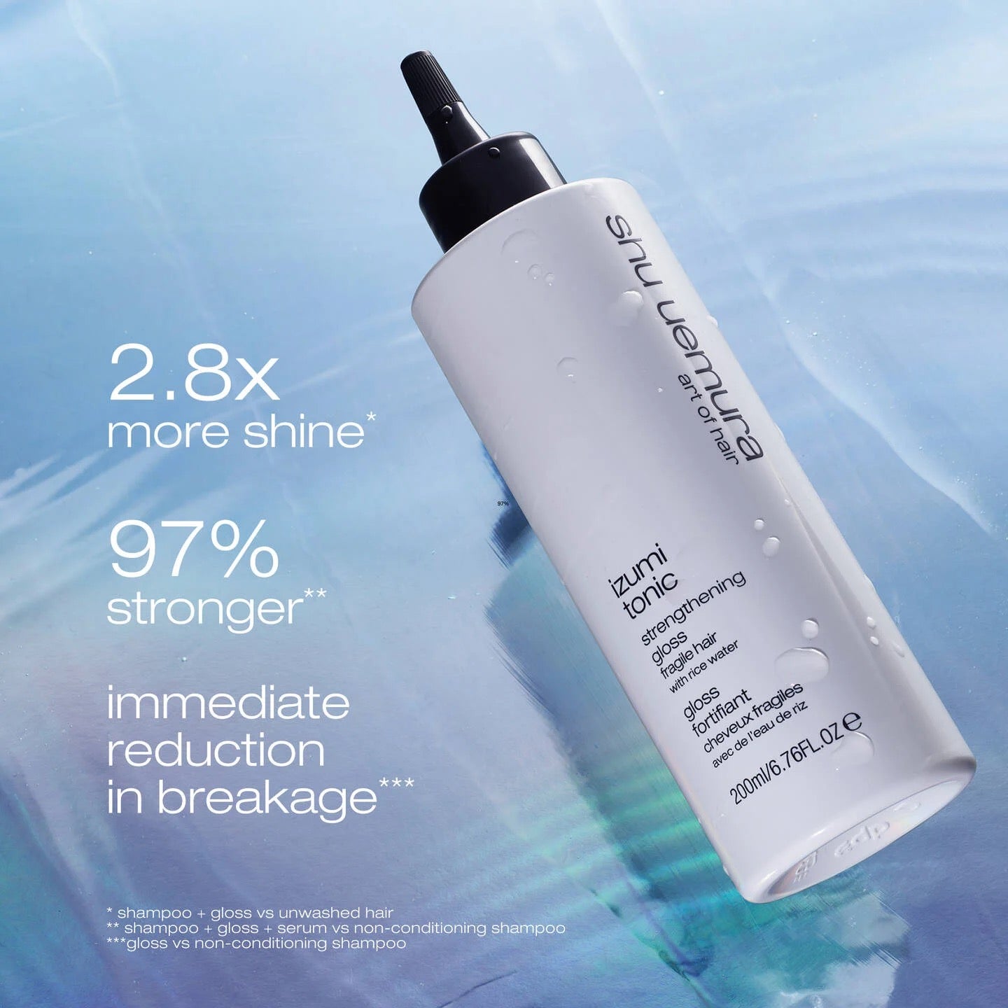 Shu Uemura hair care product with text highlighting benefits on a blue gradient background