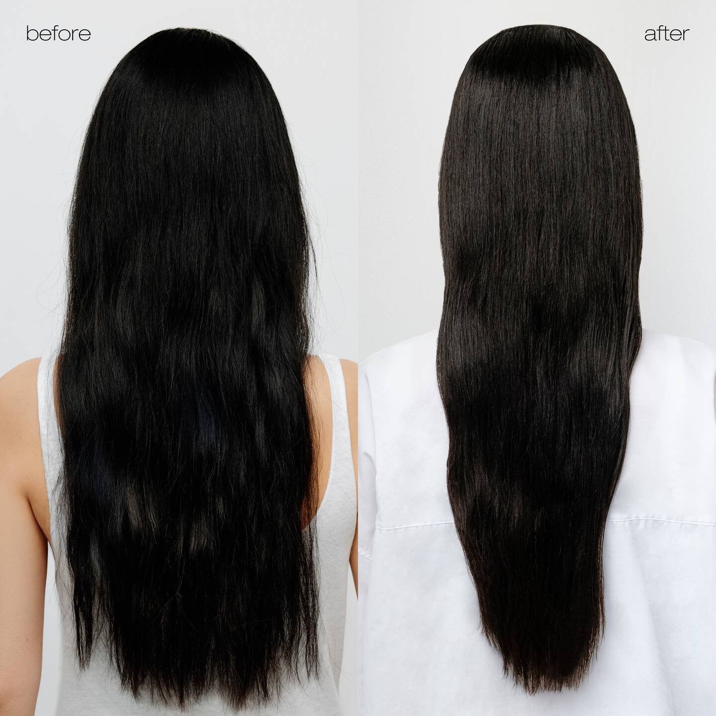 Before and after comparison of long black hair on a plain background