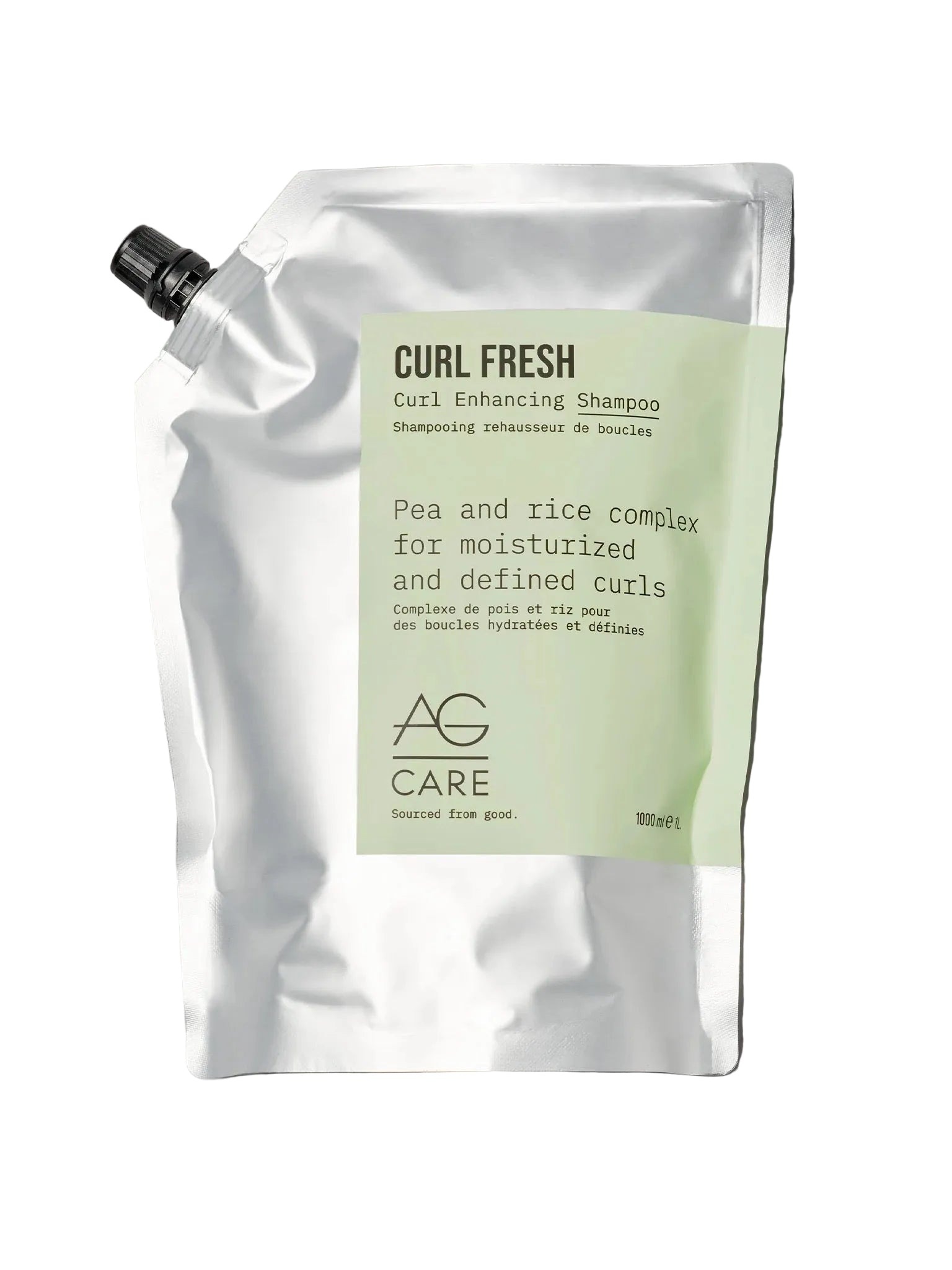 Curl Fresh shampoo pouch with green label on a gray background