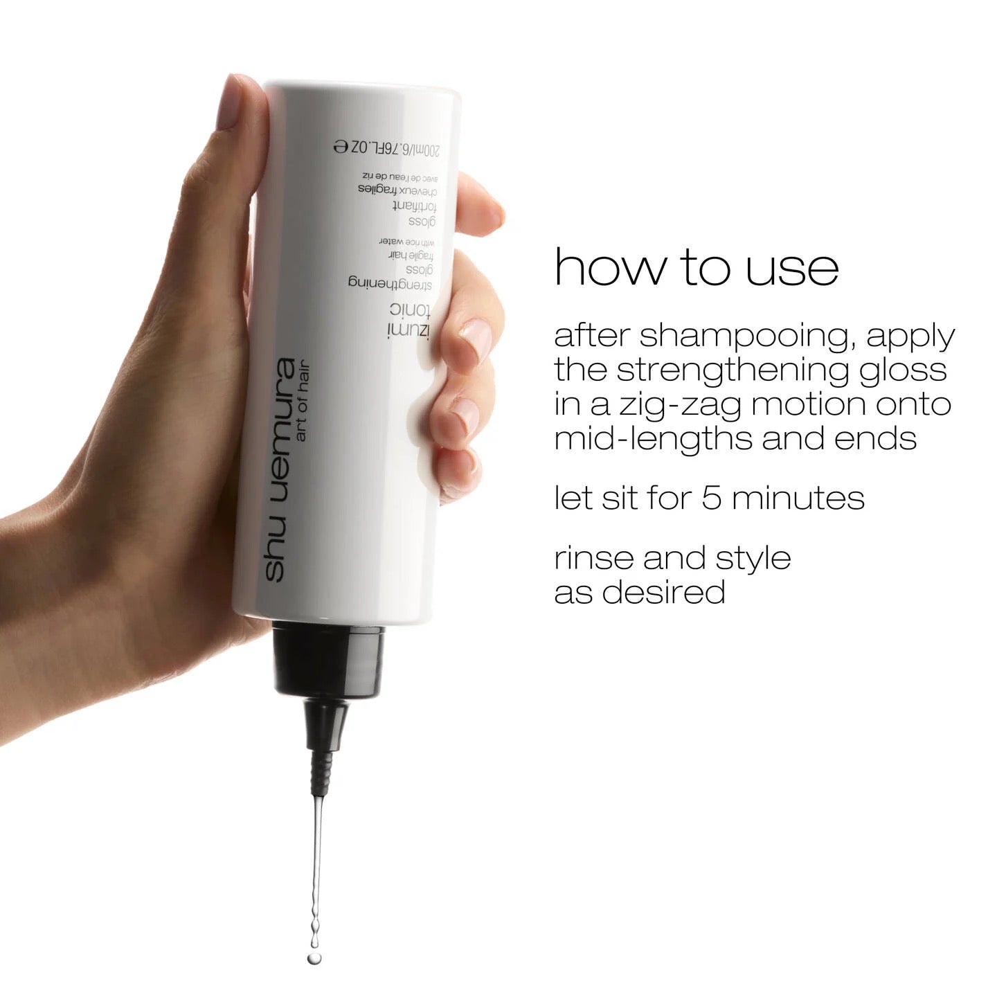 Shu Uemura hair care product with application instructions on a white background
