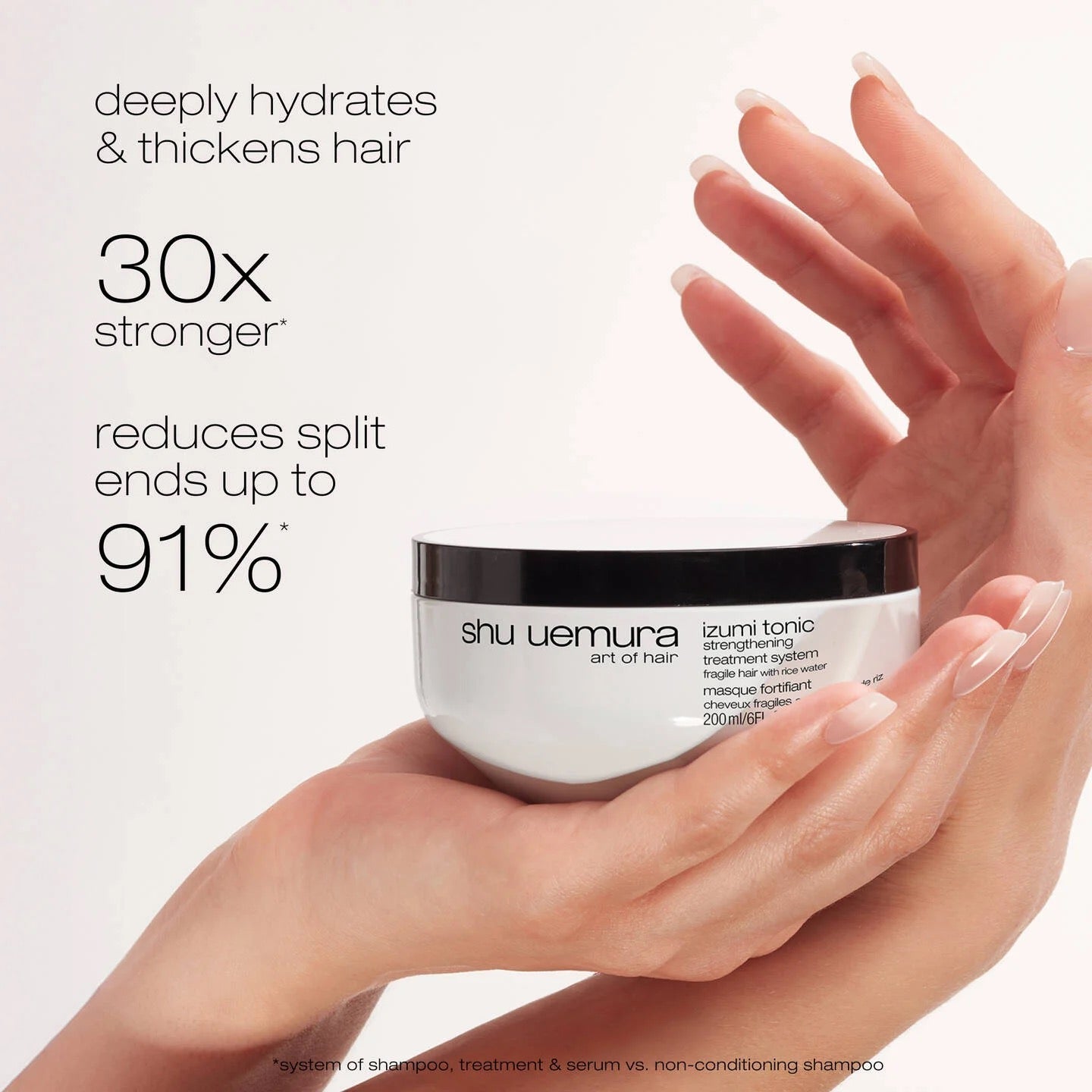 Shu Uemura hair product jar held by hands with promotional text on a white background