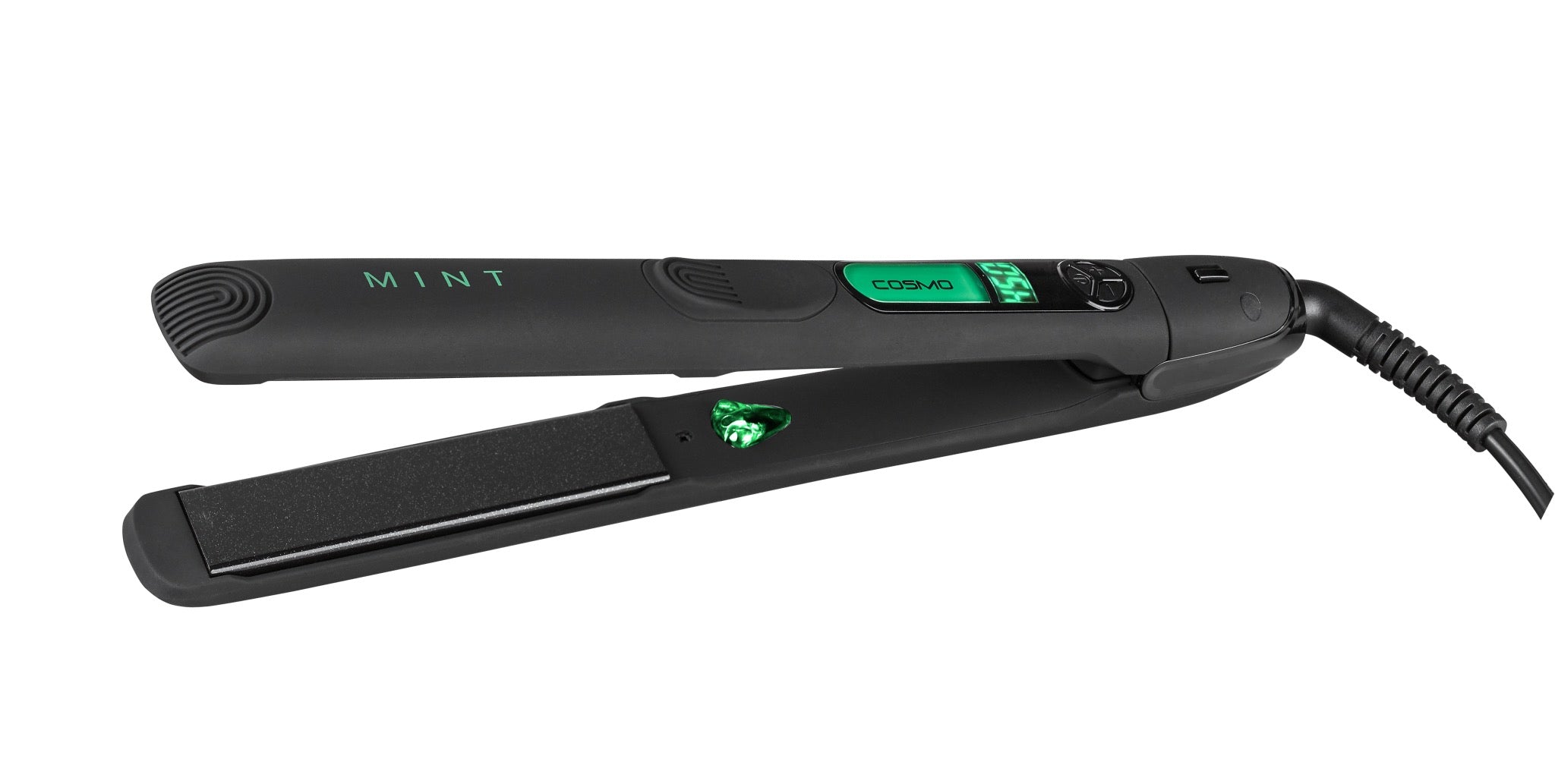 Black hair straightener with green display on a white background