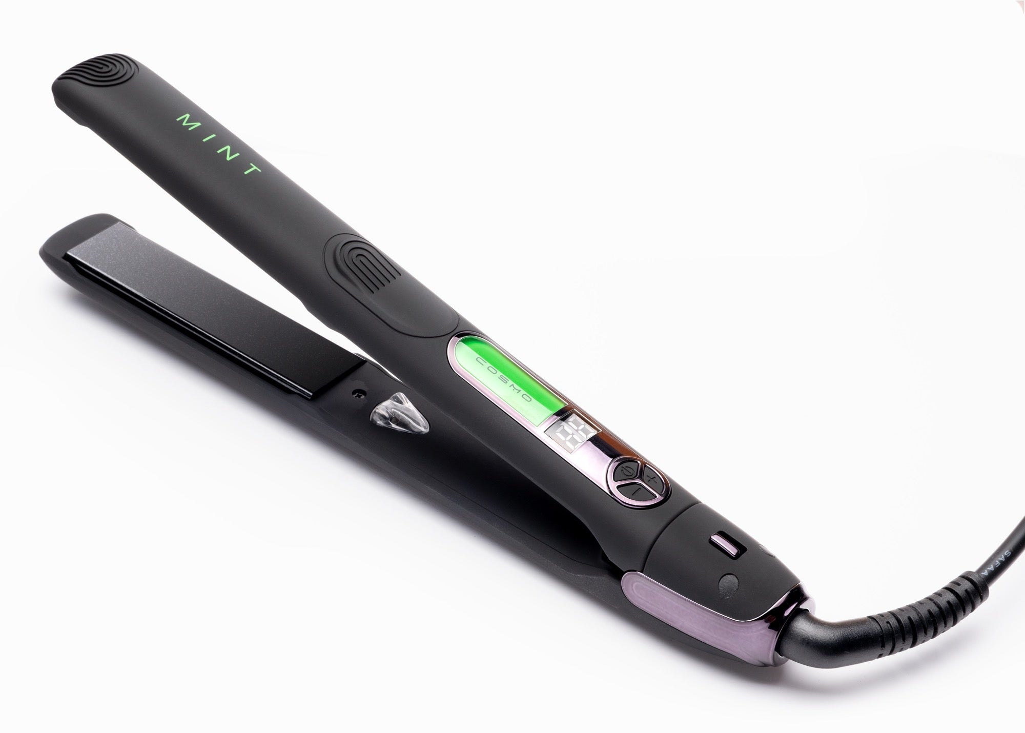 Black hair straightener with 'Mint' branding on a white background