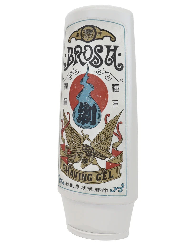 Bros H shaving gel bottle with decorative label on a white background
