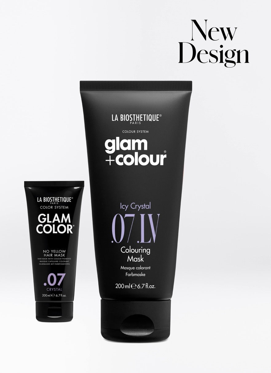 Two black tubes of La Biosthetique Glam Colour hair care products on a white background.