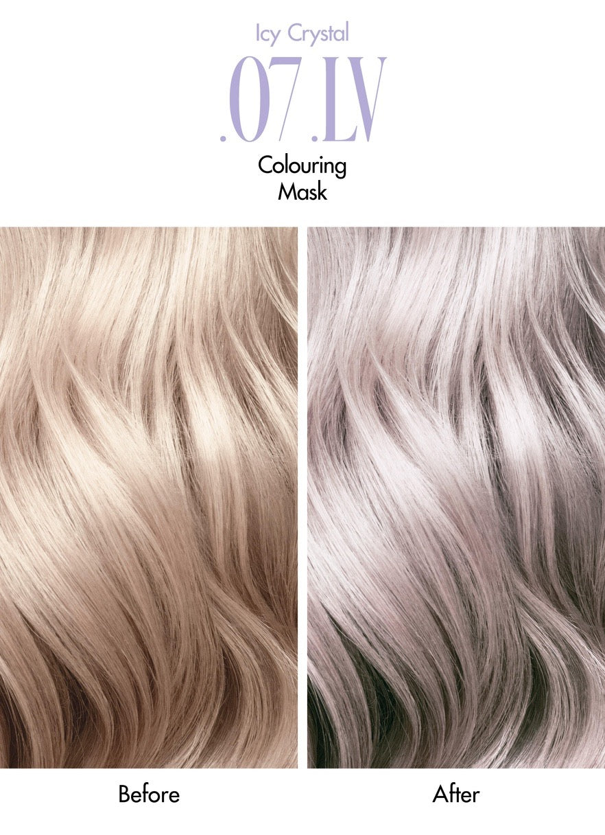 Before and after comparison of hair color treatment with 'Icy Crystal' mask labeled '07 LV'.