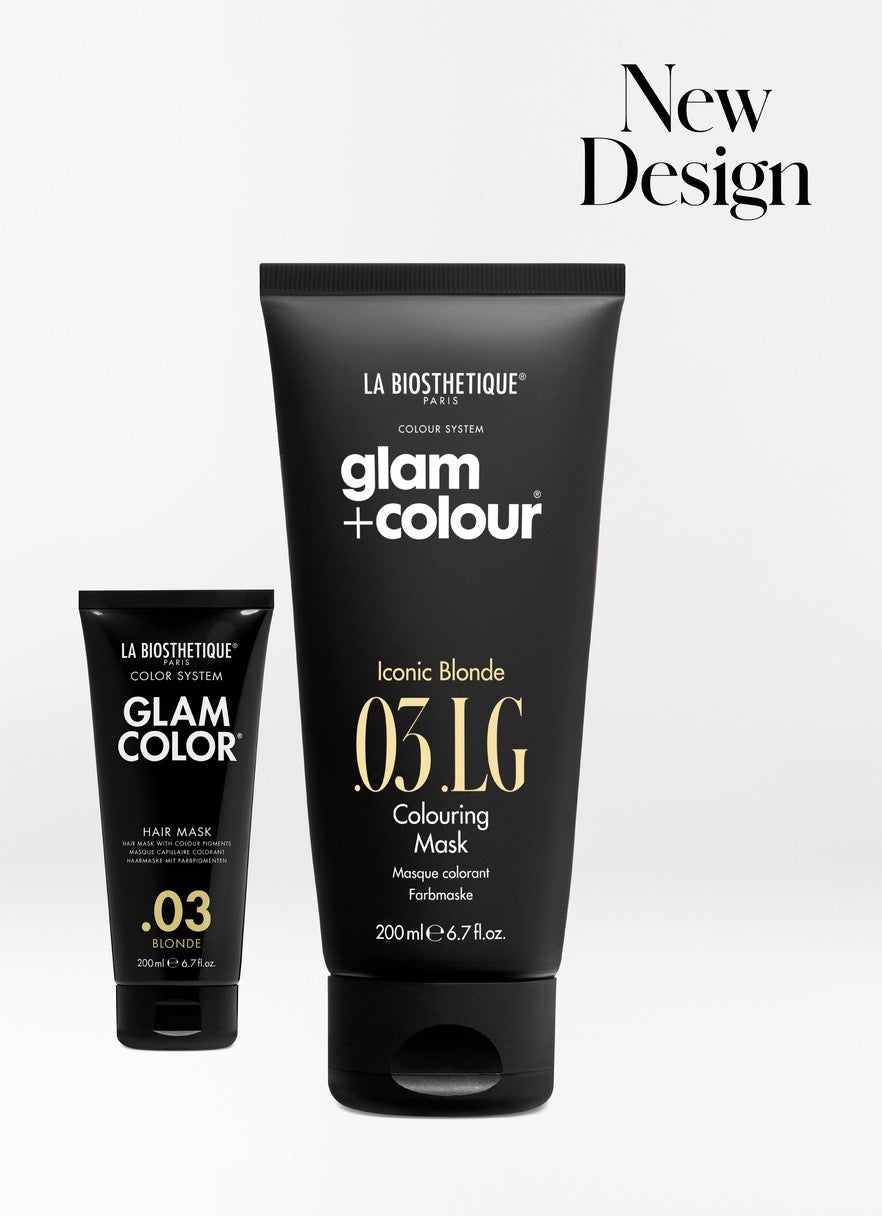 Two black tubes of La Biosthetique Glam Colour hair care products on a white background.