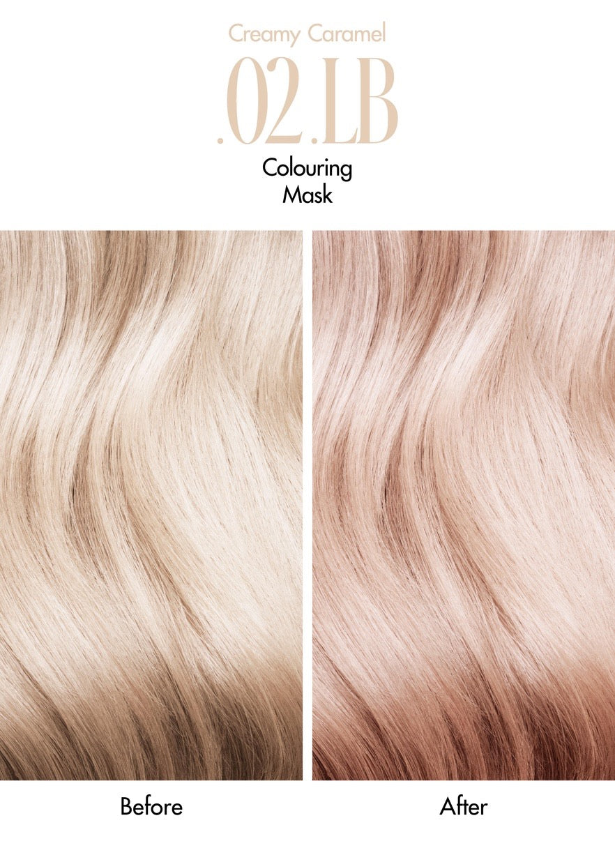 Before and after comparison of hair color treatment with 'Creamy Caramel' shade.