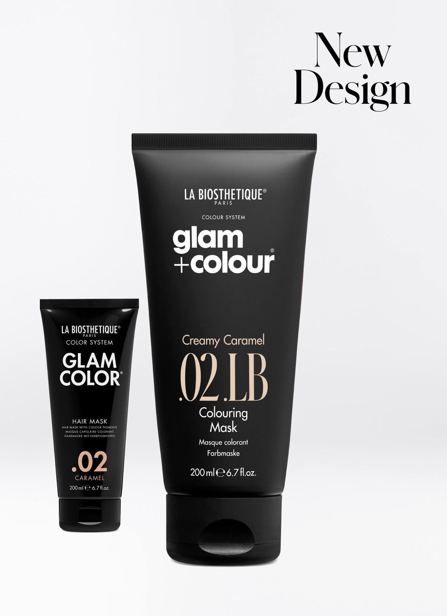 Two black tubes of La Biosthetique Glam Colour hair care products on a white background.