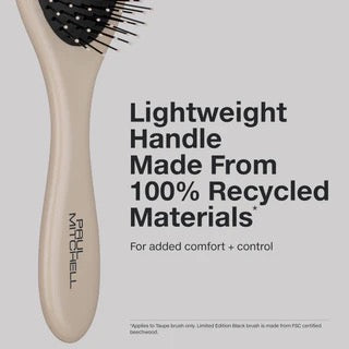 Hairbrush with text about a lightweight handle made from 100% recycled materials on a gray background. Paul Mitchell Detangling Brush for wet and dry hair detangling in Canada