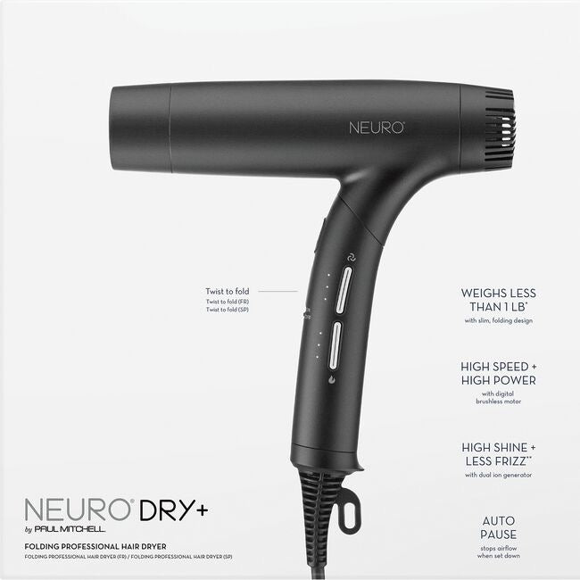 Paul Mitchell Neuro Dry Plus Folding Professional Dual Voltage Hair Dryer for fast frizz controlled blowouts in Canada at Curious Salons 
