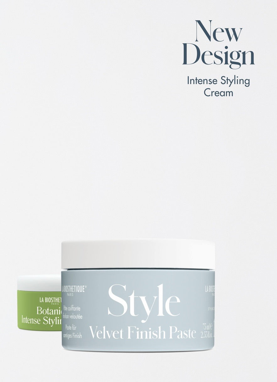 Two hair styling products on a white background with text indicating 'New Design' and 'Intense Styling Cream'.