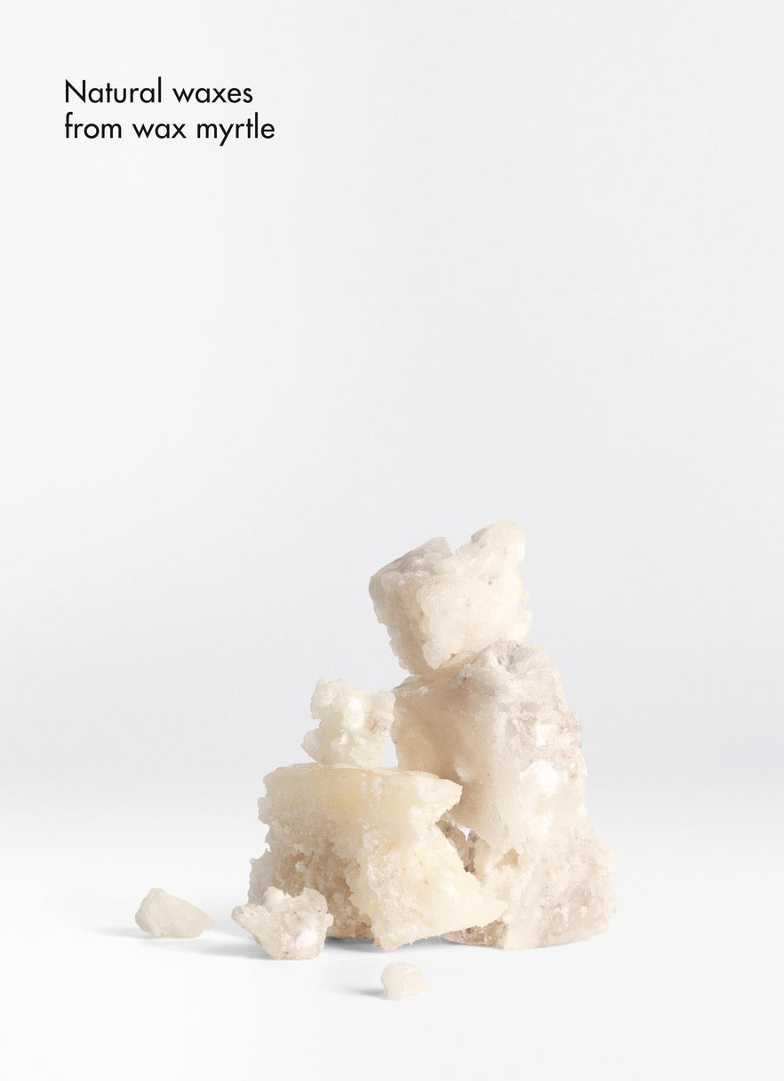 Natural wax myrtle wax on a white background with text 'Natural waxes from wax myrtle'.
