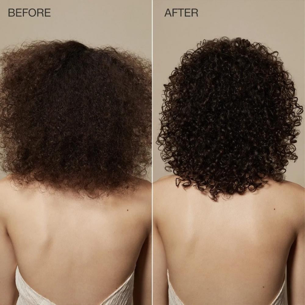 Before and after comparison of a person's curly hair using Paul Mitchell Lavender Mint Moisturizing Conditioner for dry coarse hair in Canada
