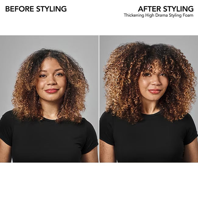 Before and after comparison of hair styling with a product labeled 'Thickening High Drama Styling Foam'.