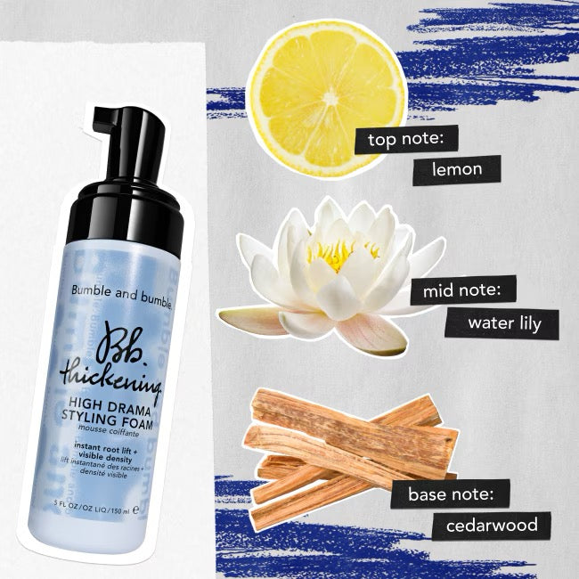 Bumble and bumble styling foam with lemon, water lily, and cedarwood notes on a white background Bumble and bumble Thickening High Drama Styling Hair Foam for thinning fine flat hair in Canada