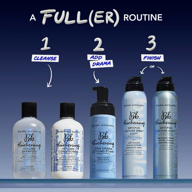 Bumble and bumble hair care products with step-by-step guide on a blue background Canada 