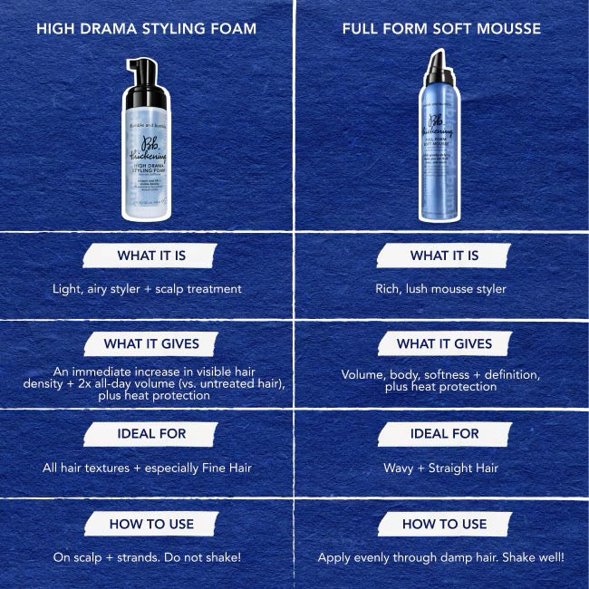 Comparison chart of high drama styling foam and full form soft mousse Bumble and bumble Thickening High Drama Styling Hair Foam for thinning fine flat hair in Canada