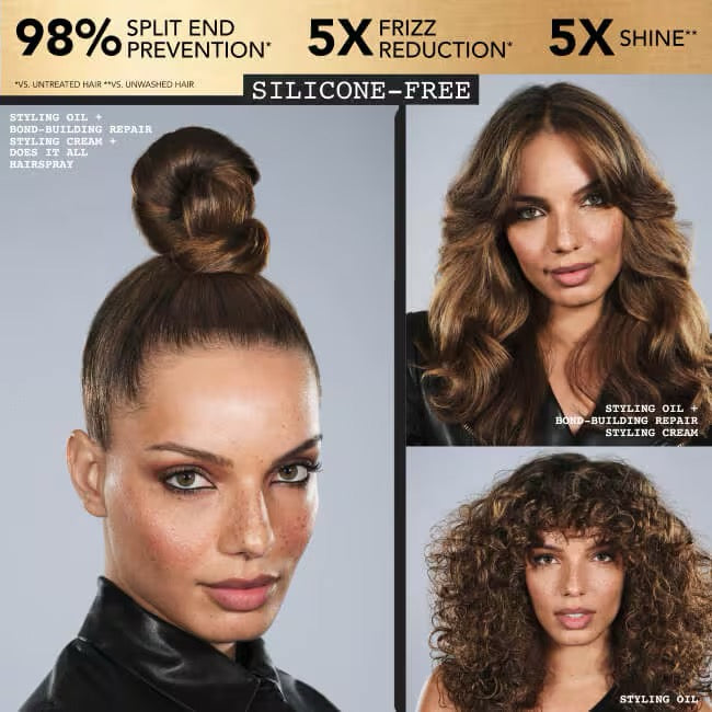 Advertisement for hair care product with woman's hair in different styles and text highlighting benefits. Bumble and bumble Styling Oil lightweight hair oil with heat protectant for frizz and shine in Canada
