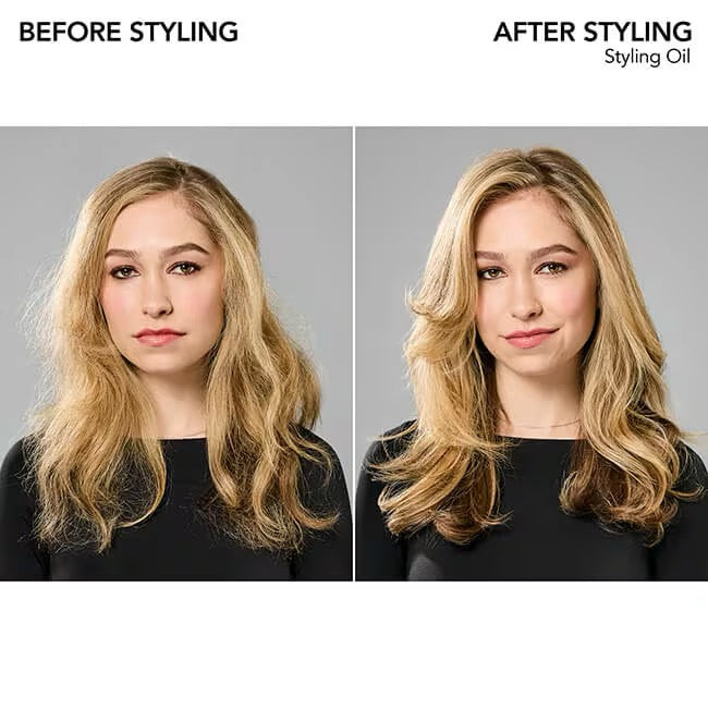 Before and after comparison of styled hair with Bumble and bumble Styling Oil lightweight hair oil with heat protectant for frizz and shine in Canada