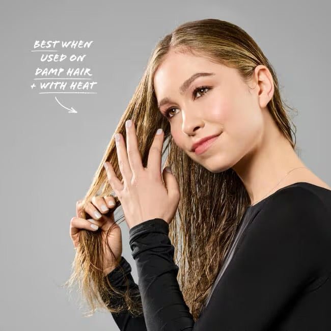 Woman with styled hair against a gray background, with text on how to use the product.