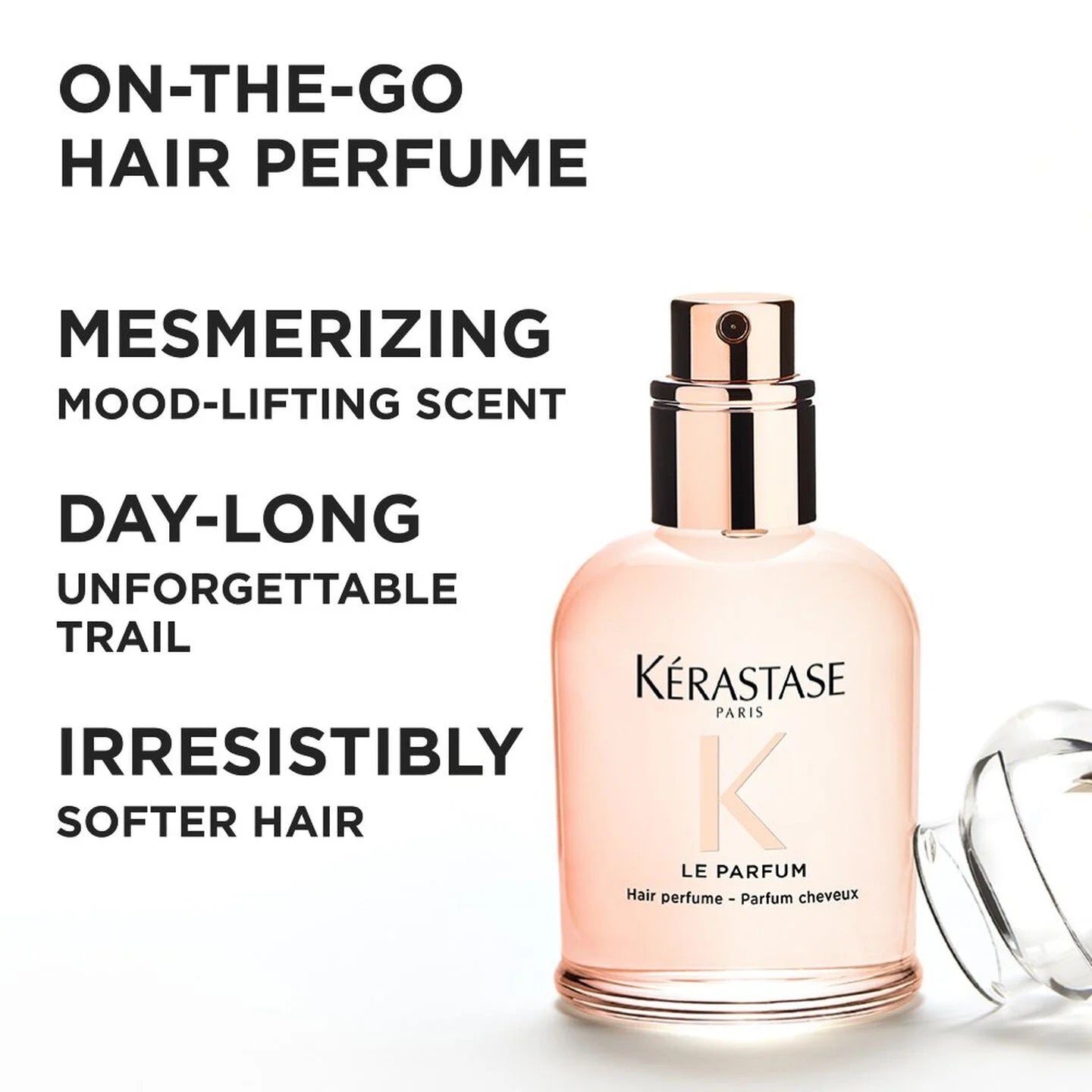 Kérastase hair perfume bottle with product features on a white background