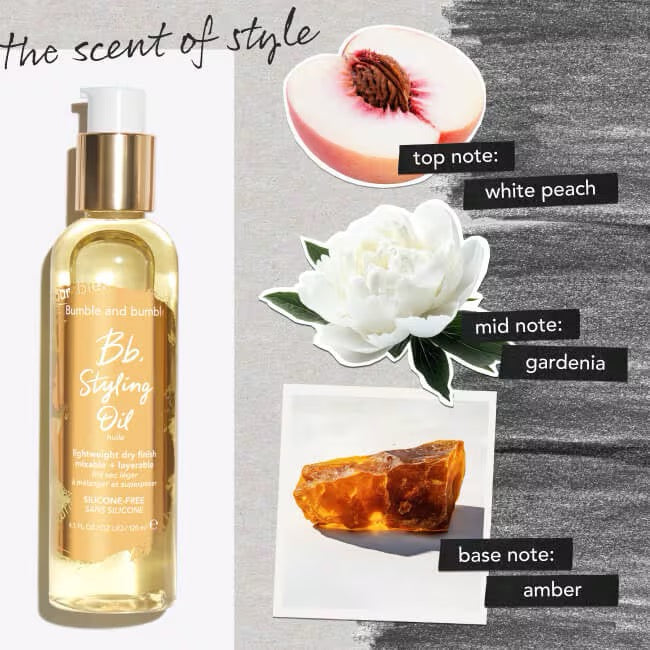 Bumble and bumble styling oil with scents of white peach, gardenia, and amber on a textured background.