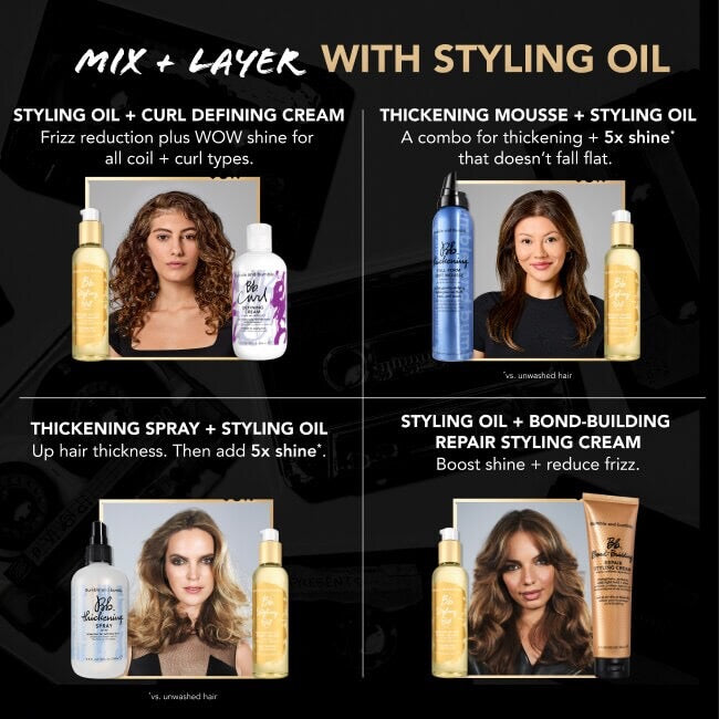 Bumble and bumble Styling Oil lightweight hair oil with heat protectant for frizz and shine in CanadaProduct advertisement for hair care products with images of women and text on a black background.