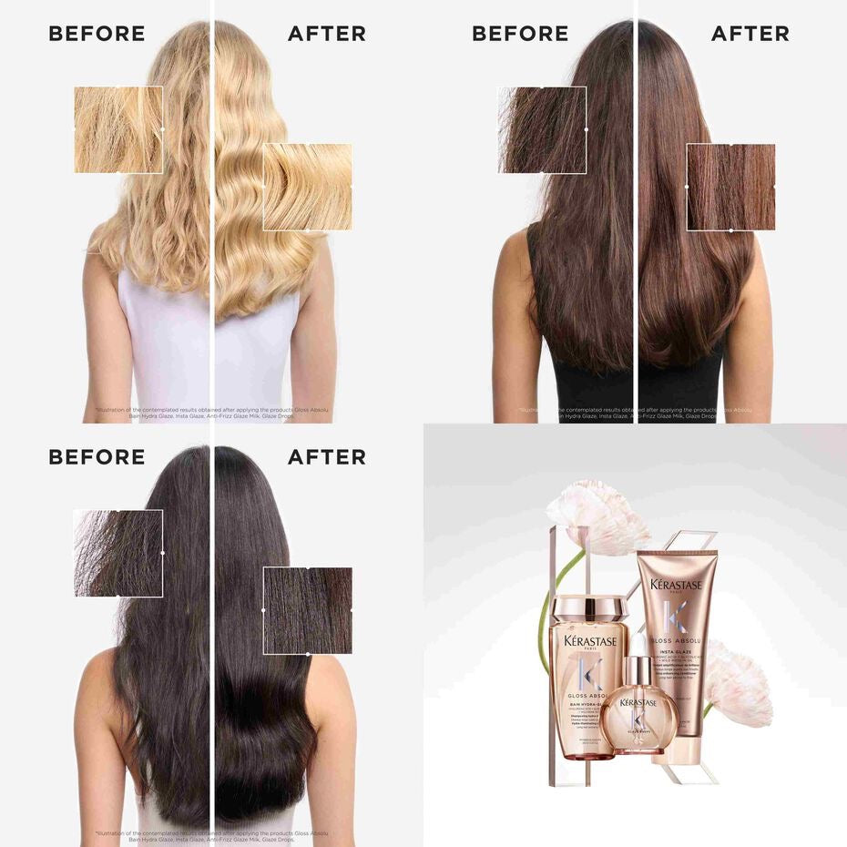 Before and after comparison of hair with Kerastase products displayed.