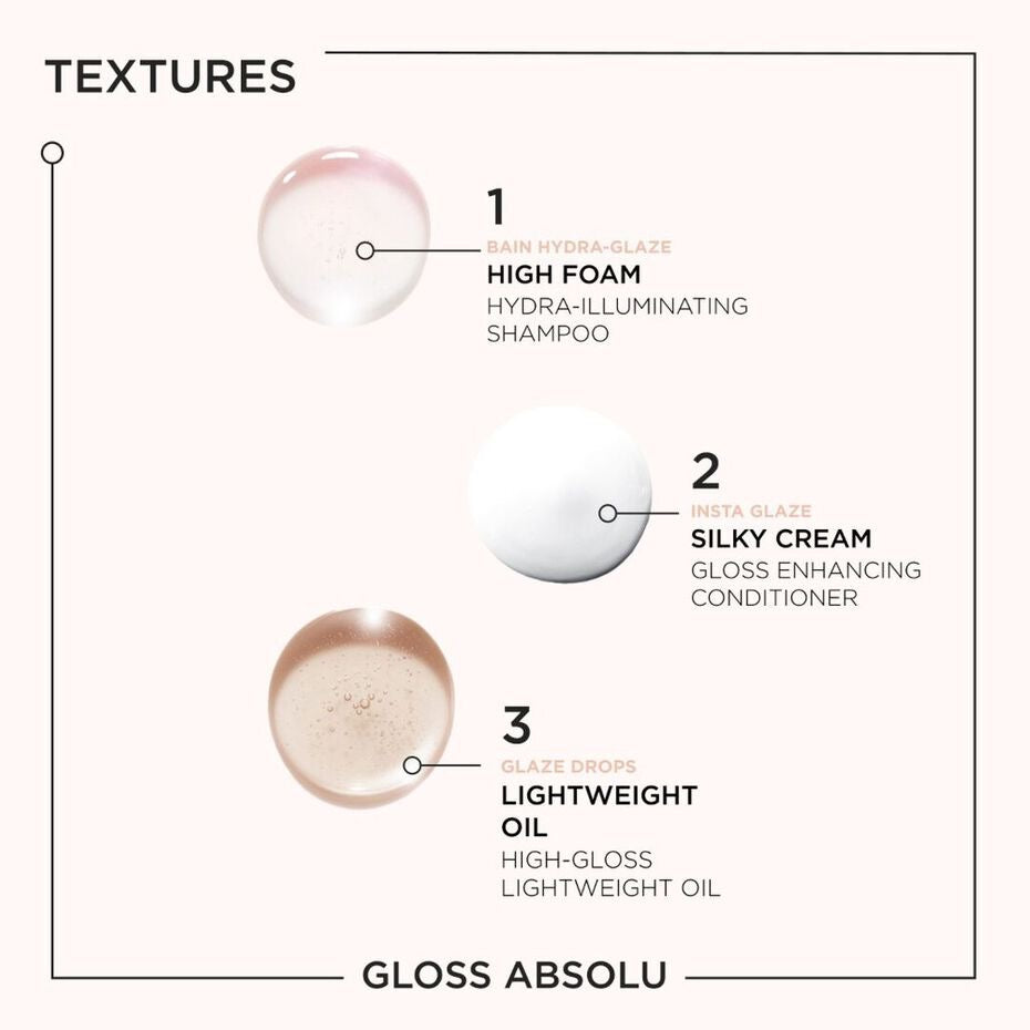 Gloss Absolu product textures with shampoo, conditioner, and oil on a white background