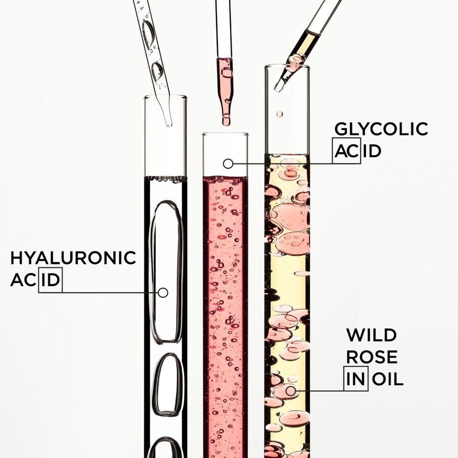 Illustration of three test tubes with different liquids labeled 'Hyaluronic Acid', 'Glycolic Acid', and 'Wild Rose in Oil'.