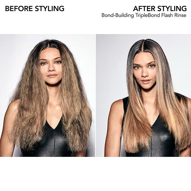 Before and after comparison of hair styling with a product labeled 'Bond-Building TripleBond Flash Rinse'.